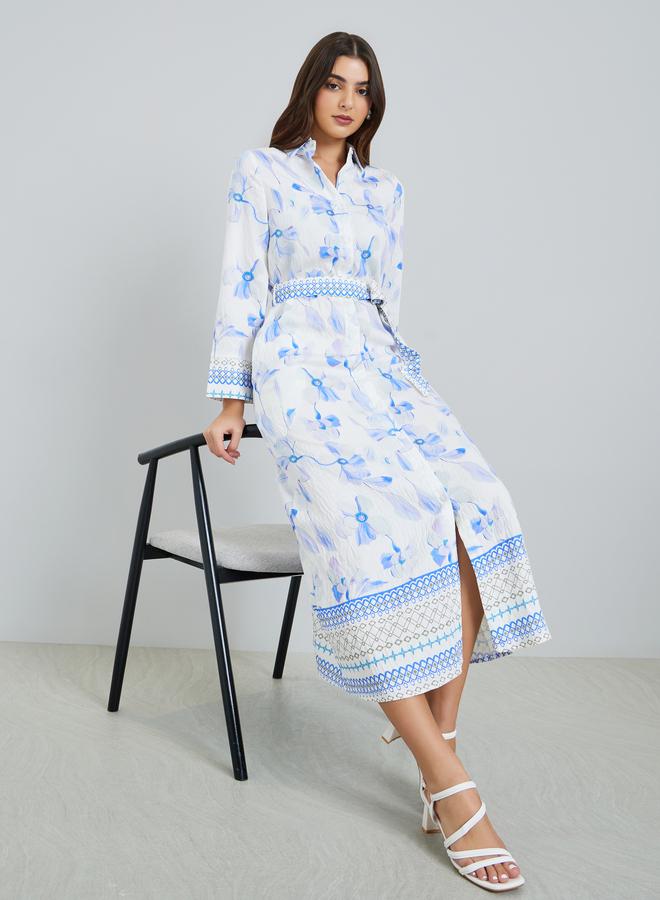 Styli Women Blue Floral Print Collared A-Line Maxi Dress - Image 5